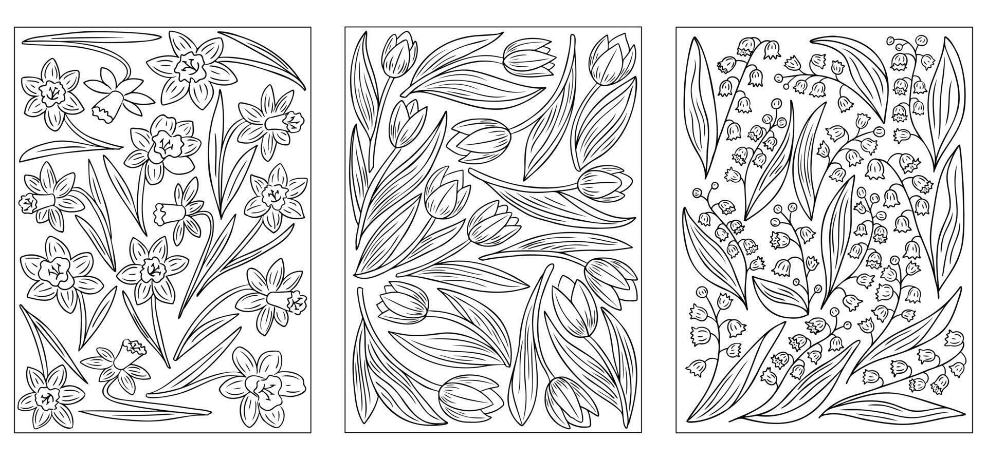 Line art of spring flowers with daffodils, tulips, and lilies of the valley for coloring pages or creative projects. contour drawings isolated on white background vector
