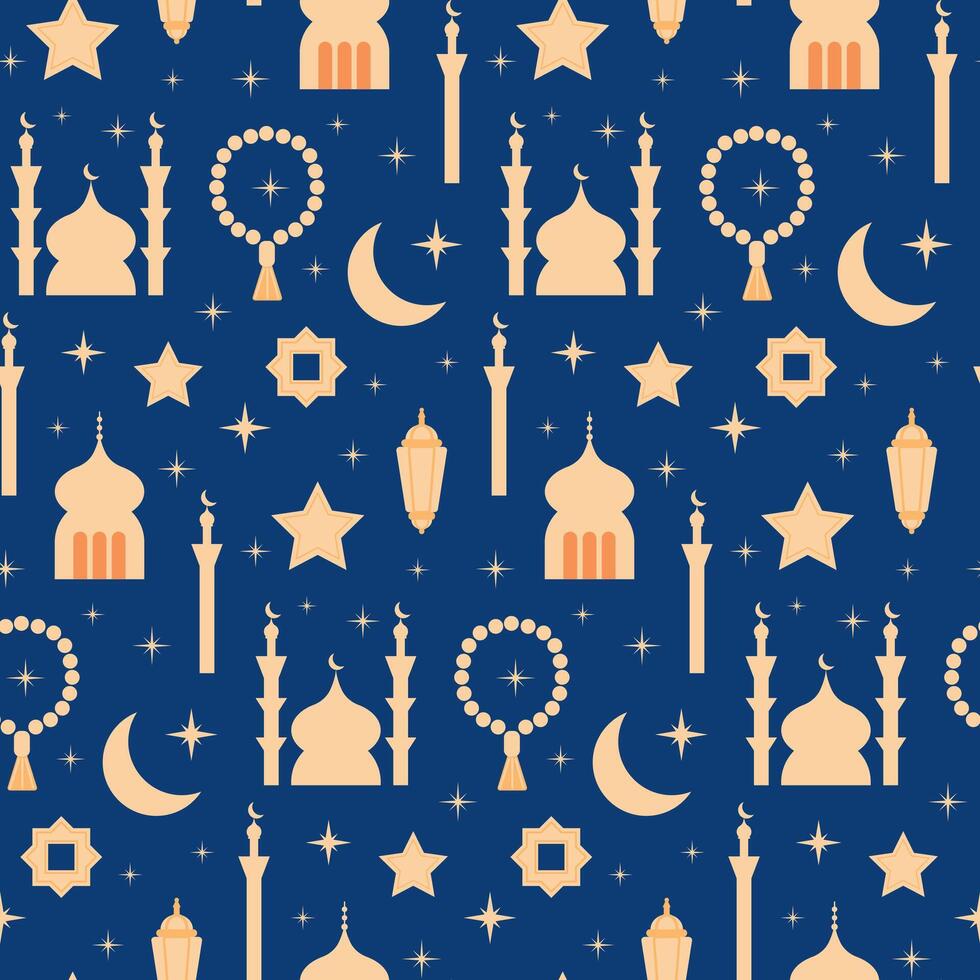 Ramadan seamless pattern with mosques, minarets, crescent moons, stars, lanterns, and prayer beads in beige and blue tones vector