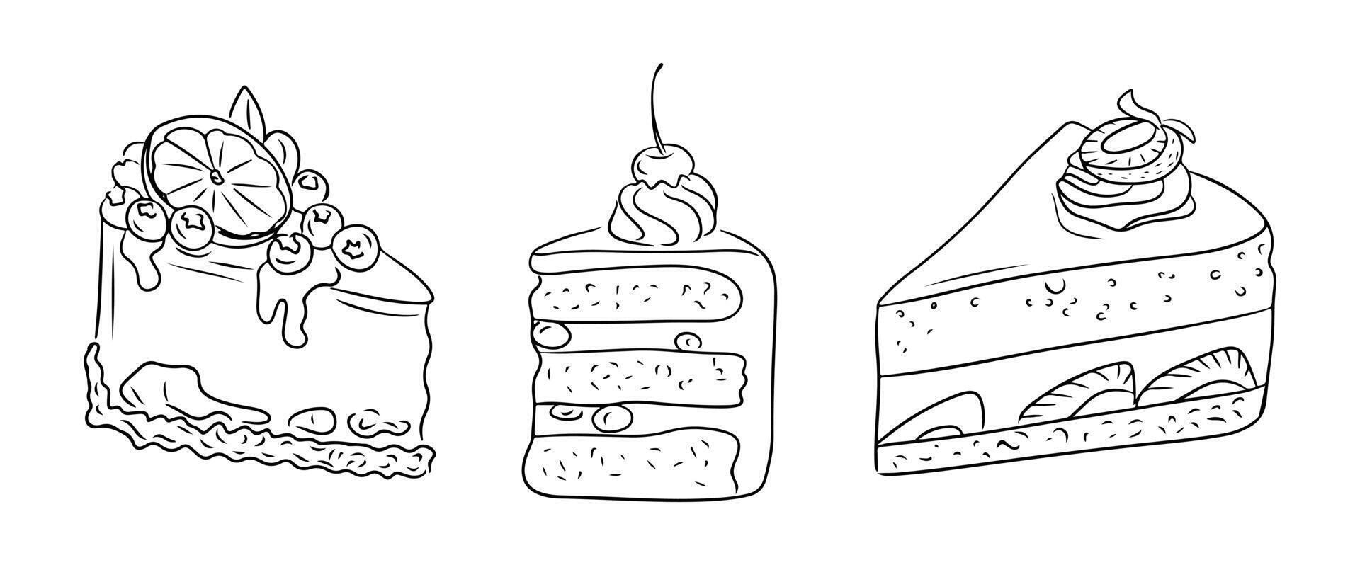 Line art of three cake slices with various decorations, including citrus, cherries, cream, and fruits, perfect for coloring, design, or baking related projects. drawings on white background vector