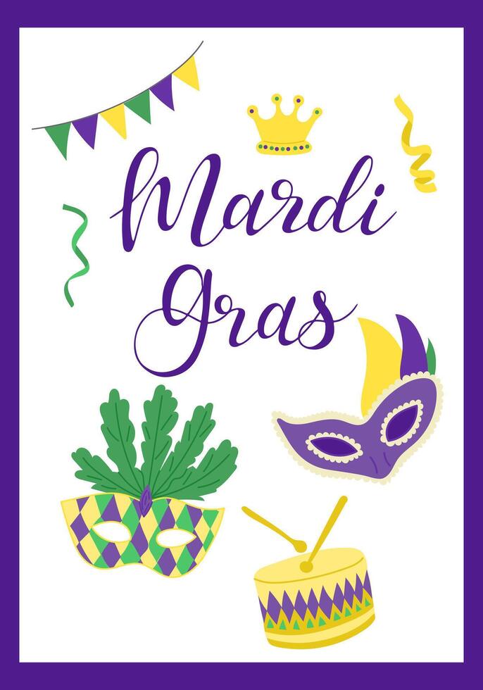 Mardi Gras banner with vibrant masks, a drum, bunting, streamers, and a crown, with bold Mardi Gras text on white background bordered in purple. vector