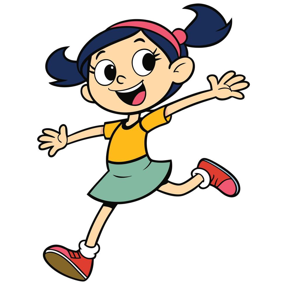 Sticker template with a little girl jumping cartoon character isolated vector