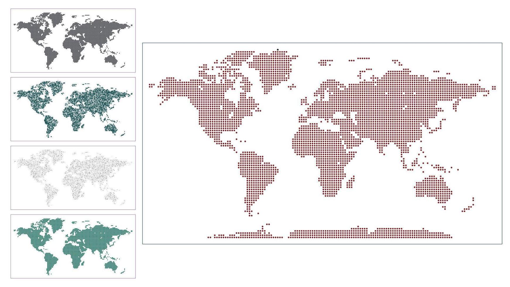 Abstract dotted world map design. Multiple shape world map design. Dotted map showcasing continents with a modern, minimalistic style. The abstract dotted world map design is on a white background. vector