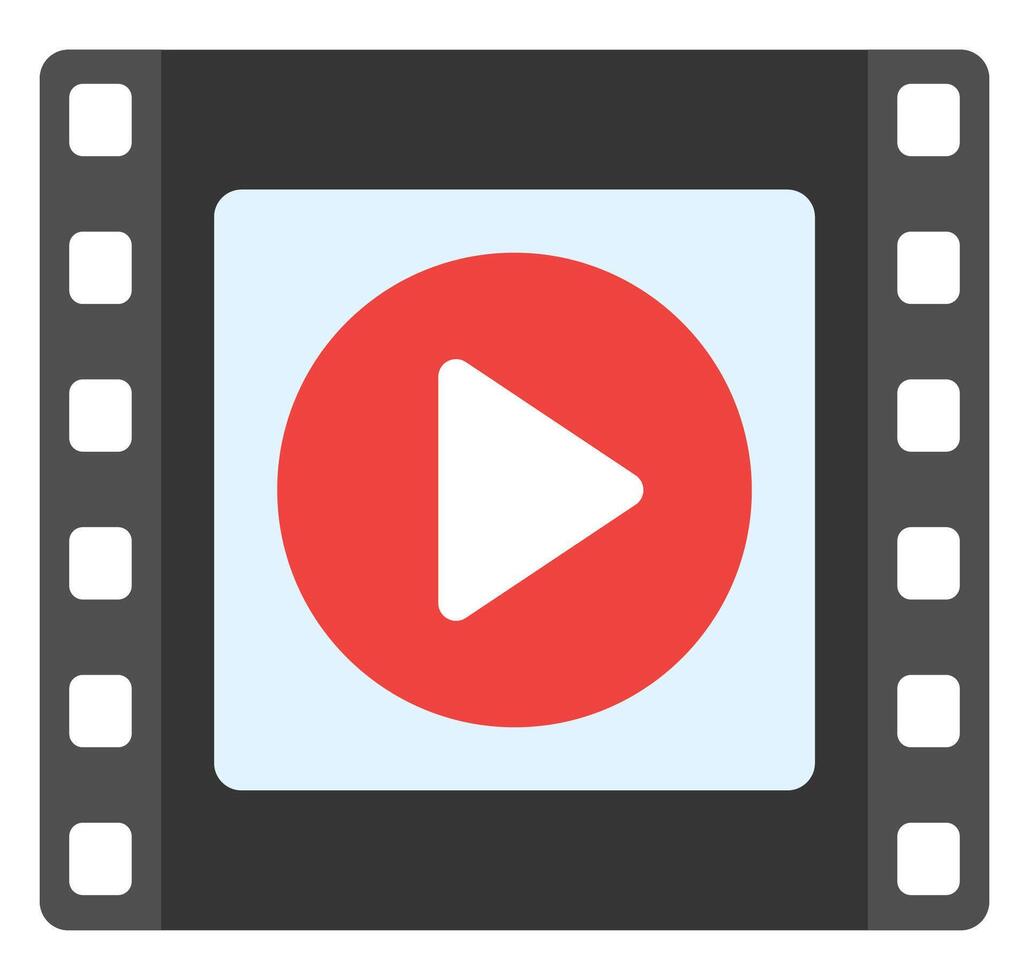 Flat icon of film strip with play symbol isolated on white background. vector