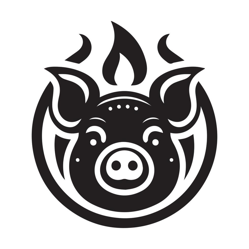 A stylized, black and white silhouette of a pig, positioned within a circular frame. vector