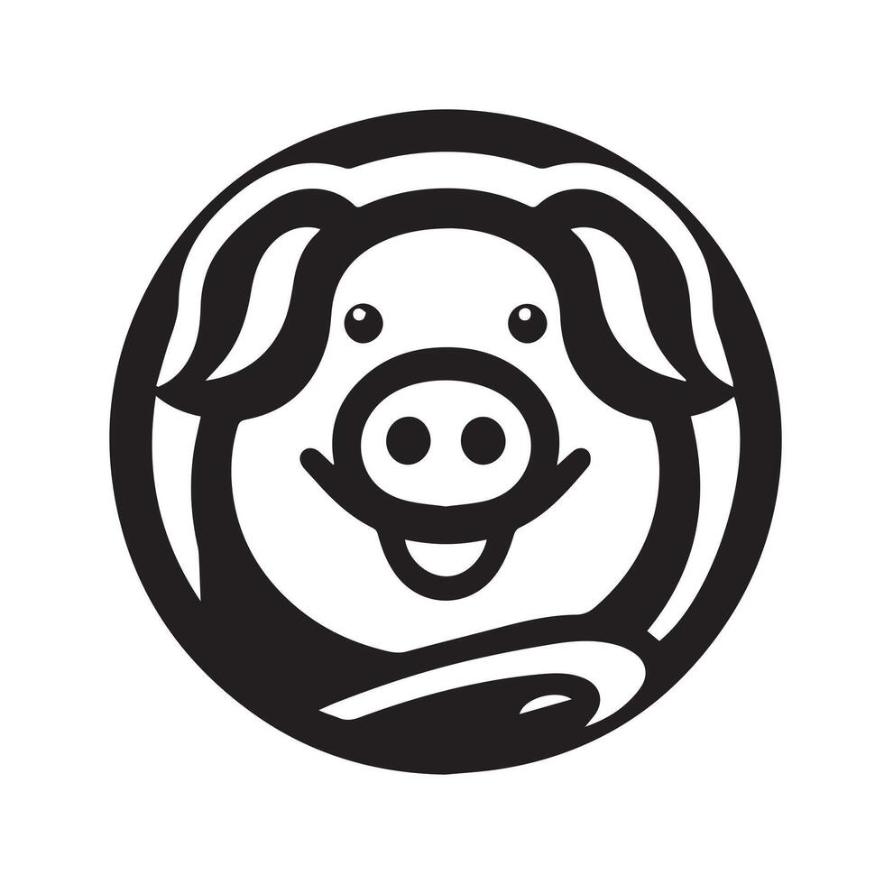 A cheerful, cartoon-style pig's head, depicted in black and white, is featured within a circular frame. vector