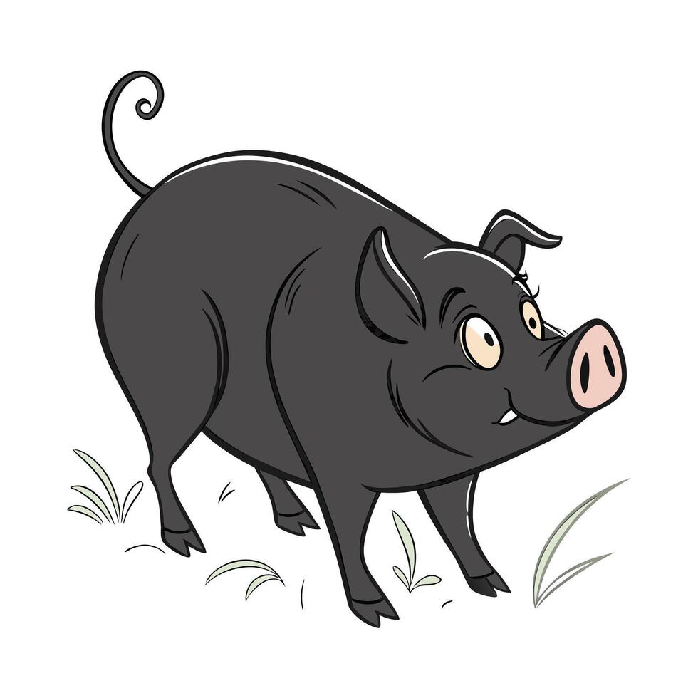 Cute cartoon pig standing on a grassy patch. vector