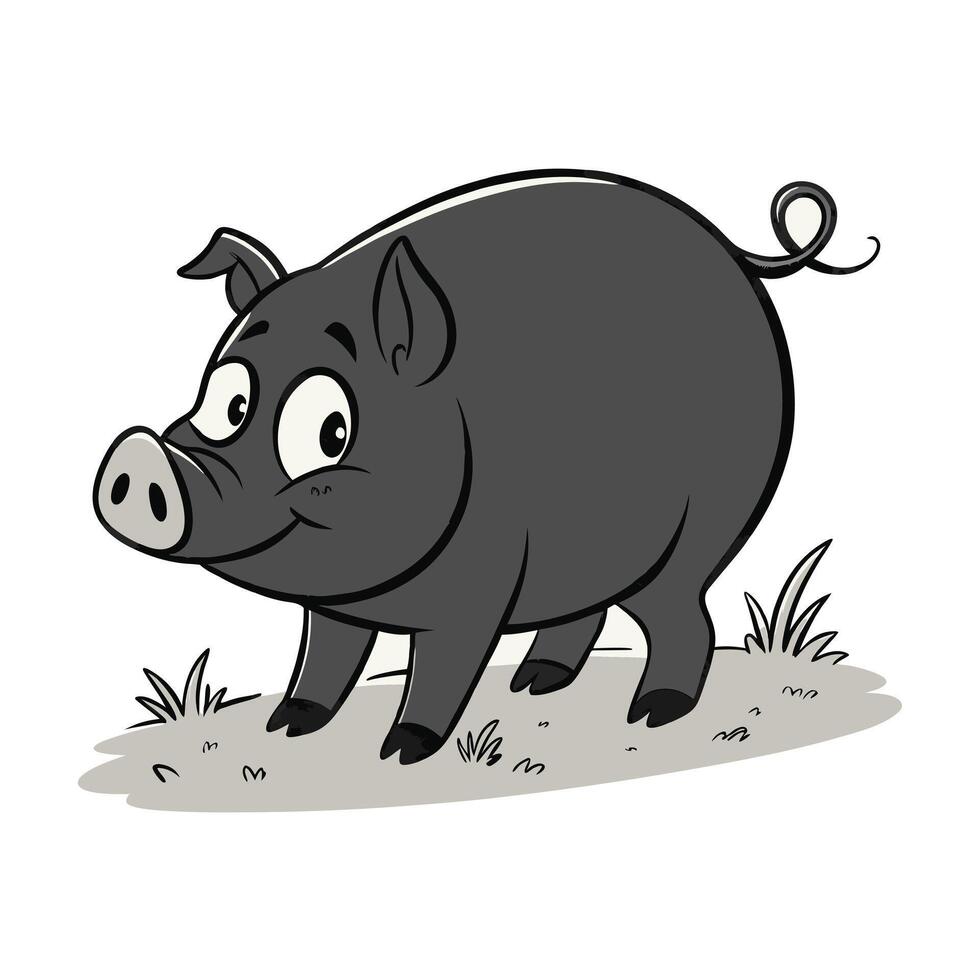 cartoon illustration of a wild boar standing amidst a grassy hill. vector