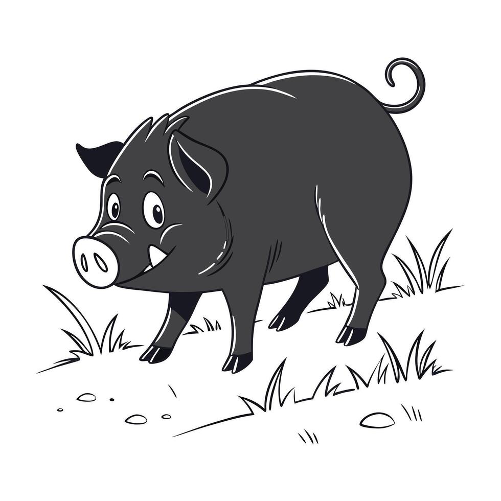 A friendly, cartoon pig, colored in shades of dark gray, stands on a patch of grass and dirt. vector