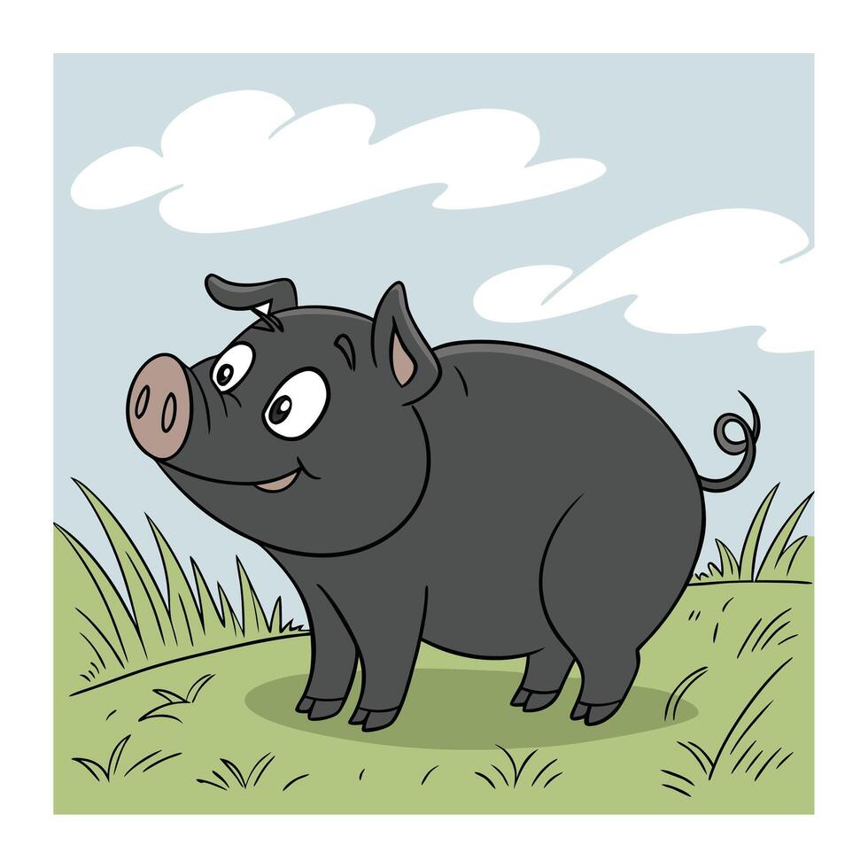 Cartoon Pig Searching for Food in Grassy Field vector