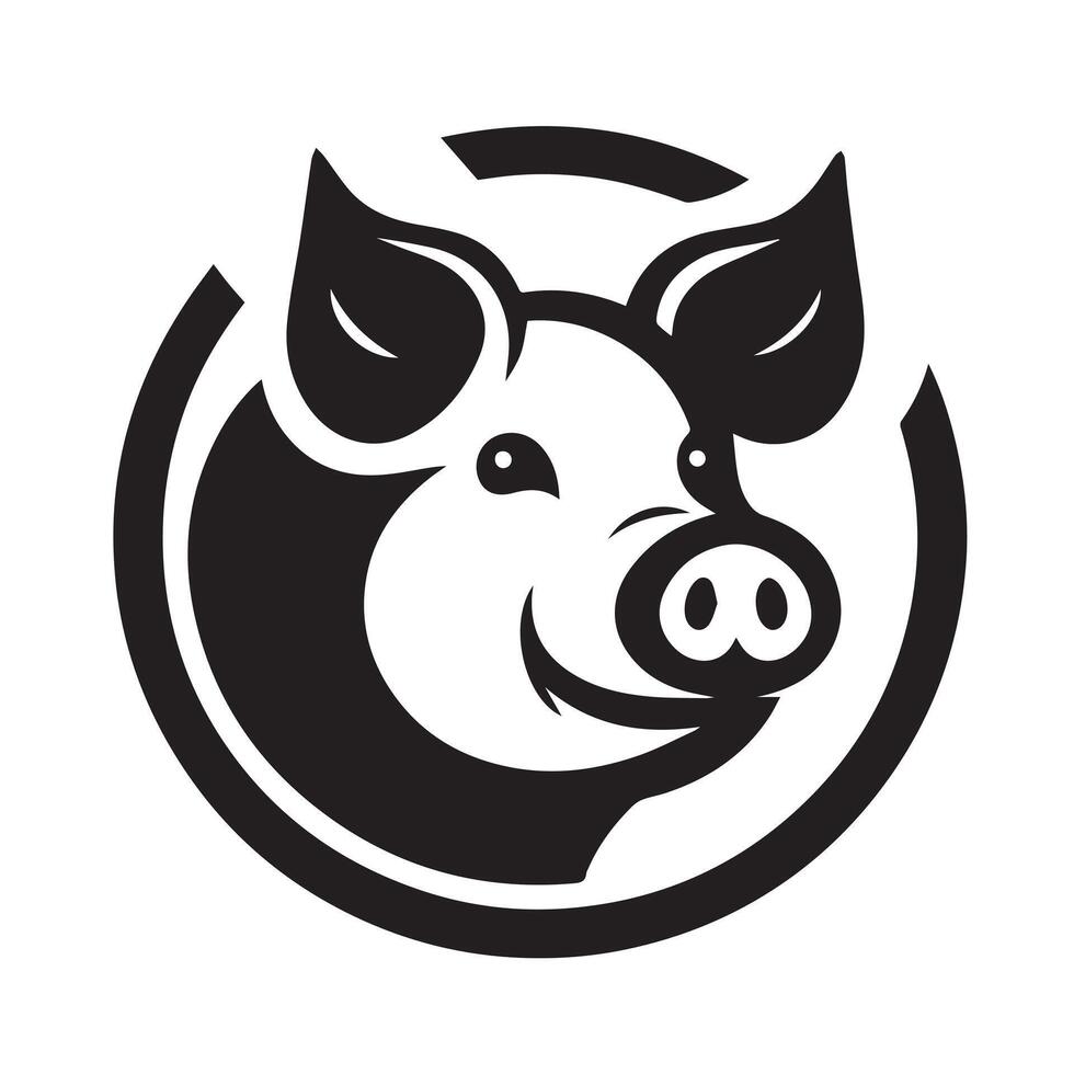 A simple, black and white silhouette of a pig's head and shoulders positioned within a circular frame. vector