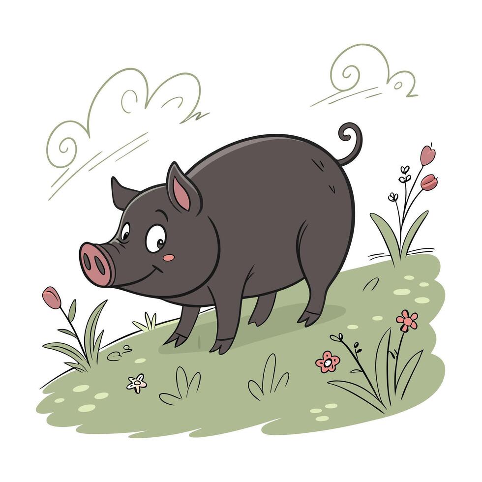 Cute cartoon pig in a grassy field. vector