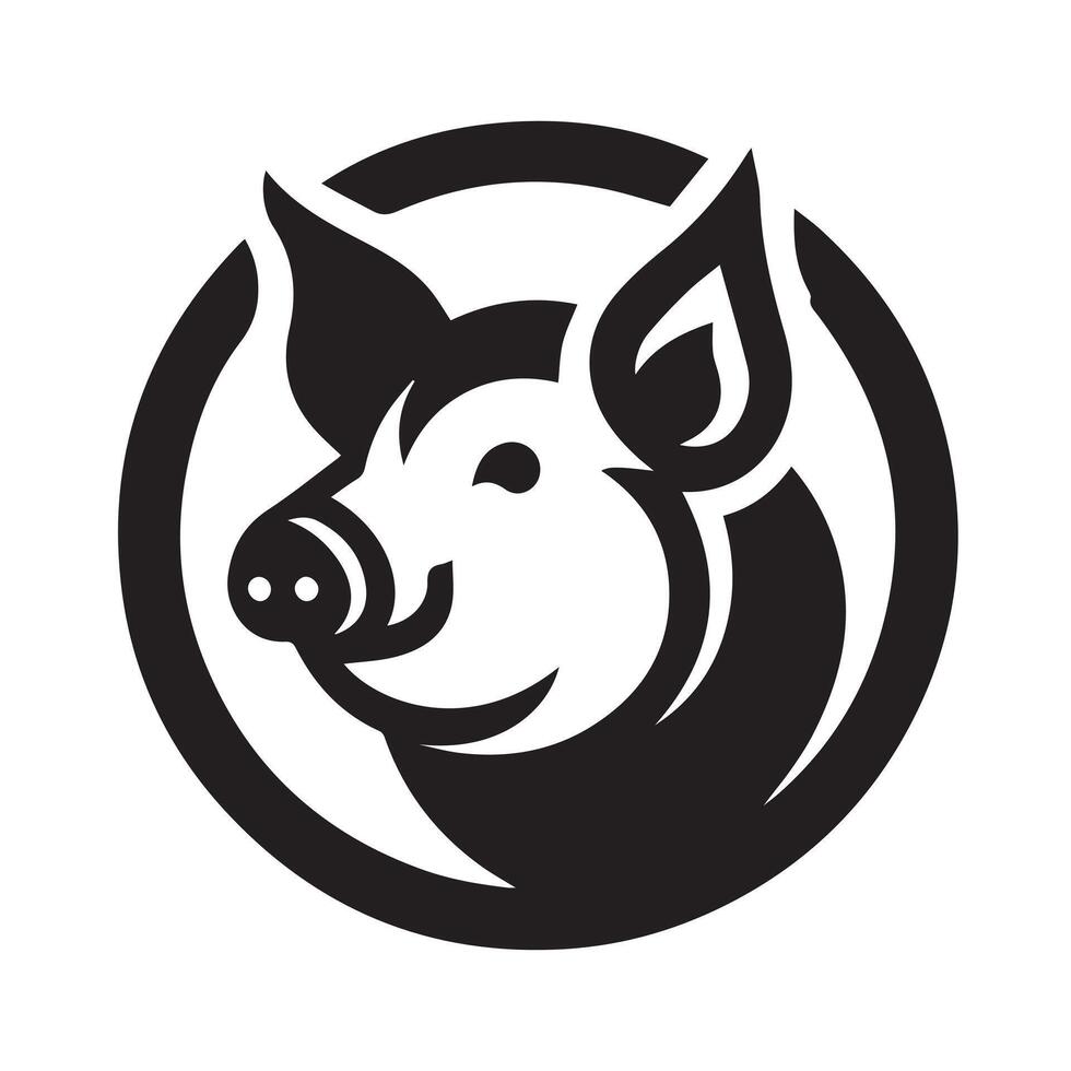 A simple, black and white vctor graphic of a pig's head, appearing friendly and cheerful. vector