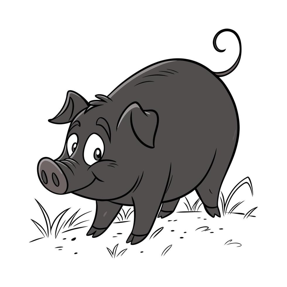 A cheerful, cartoon pig, depicted in grayscale, stands in a grassy field. vector