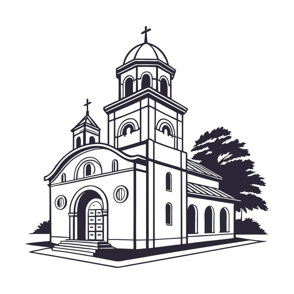 This black and white line drawing depicts a quaint church and a prominent cemetery cross. vector