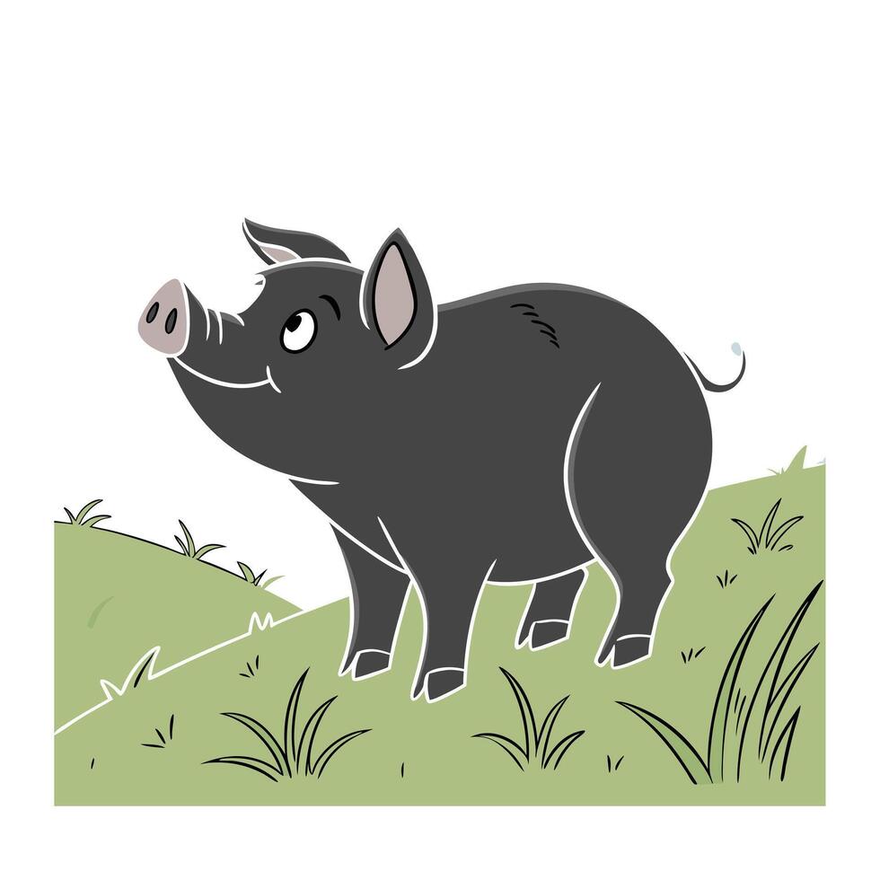 Cute cartoon pig in a grassy patch. vector