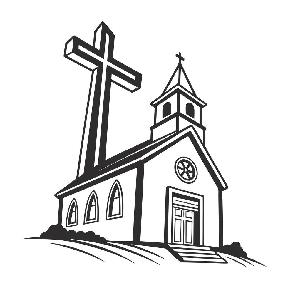 A stylized, black and white vetor graphic of a church and cross atop a hill. vector