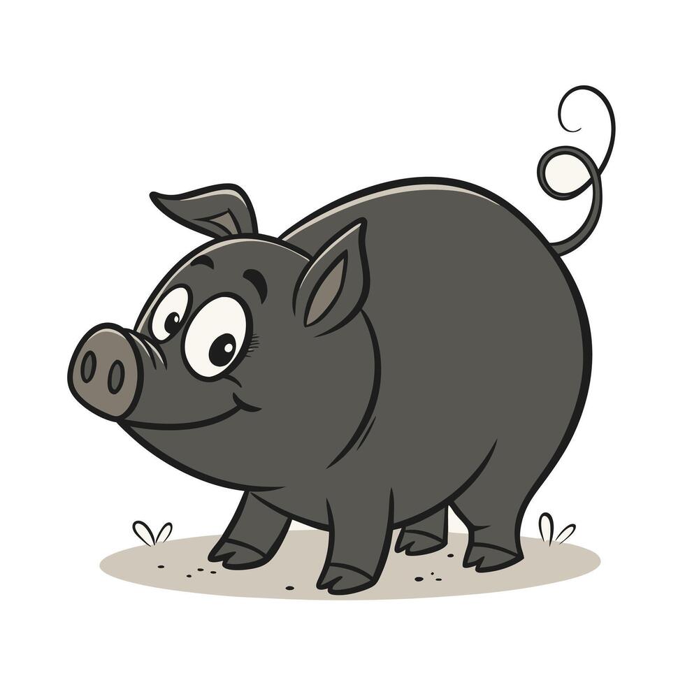 A cheerful, cartoon-style black pig silhouette stands in a field of grass. vector