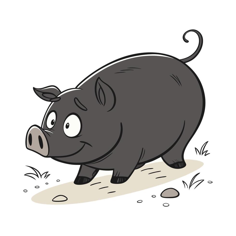Cute cartoon pig foraging in a grassy area. vector