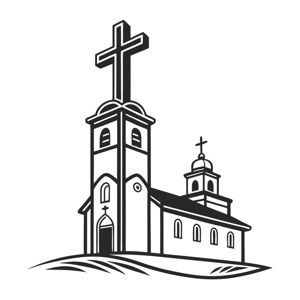A classic, black and white illustration of a small, quaint church nestled on a grassy hill. vector