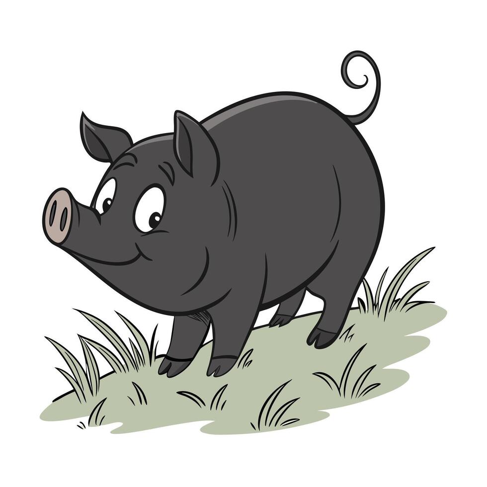 A cheerful, cartoon-style illustration of a dark gray piglet foraging in a grassy patch. vector