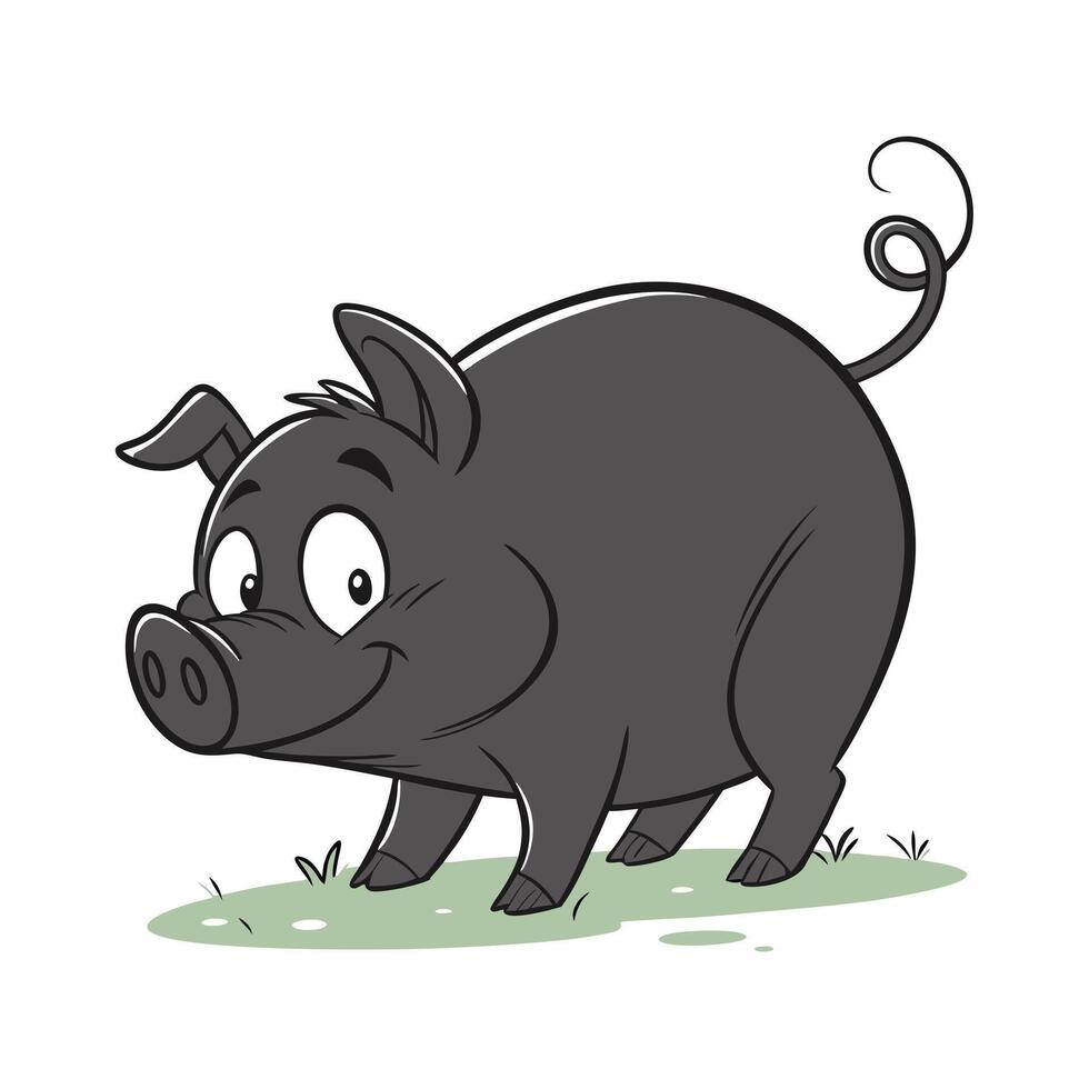 A whimsical illustration of a cartoon pig in a field. vector