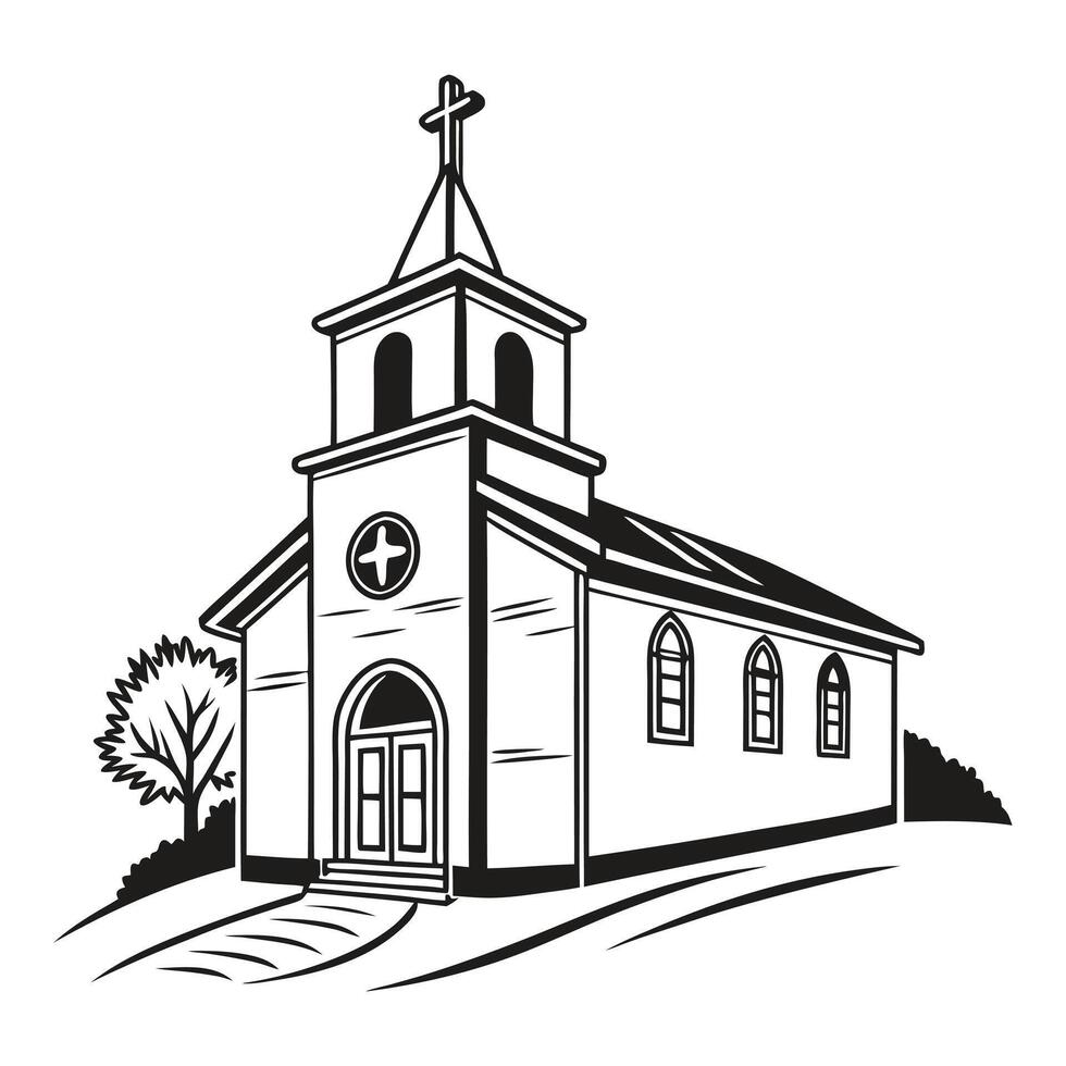 black and white graphic of a church, likely a historical or religious landmark. vector