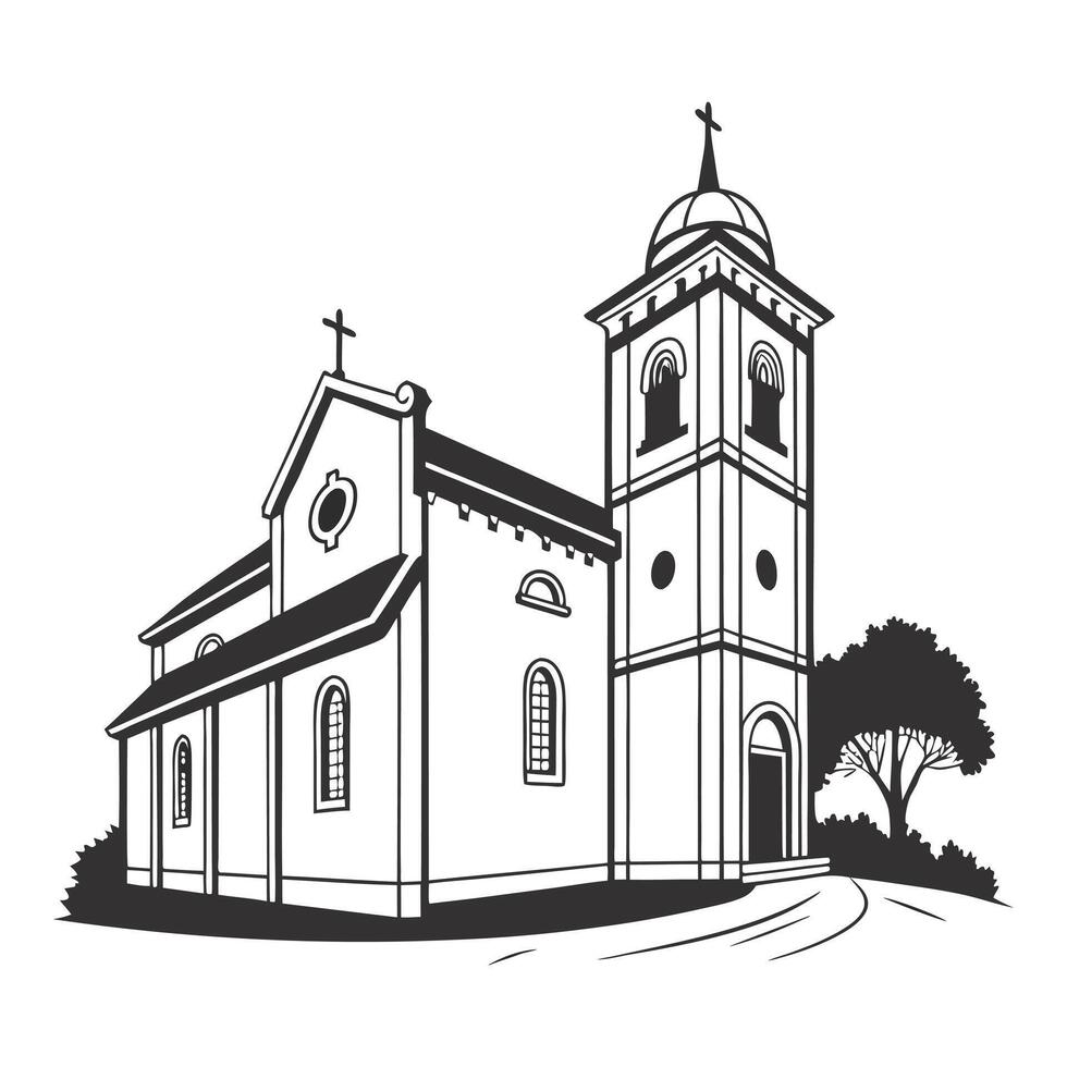 black and white vctor graphic of a church and cross atop a hill. vector