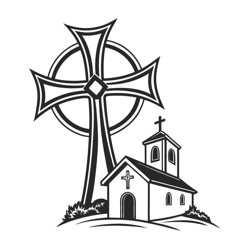 black and white illustration depicts a church and a Celtic cross, suggesting a peaceful and spiritual setting. vector