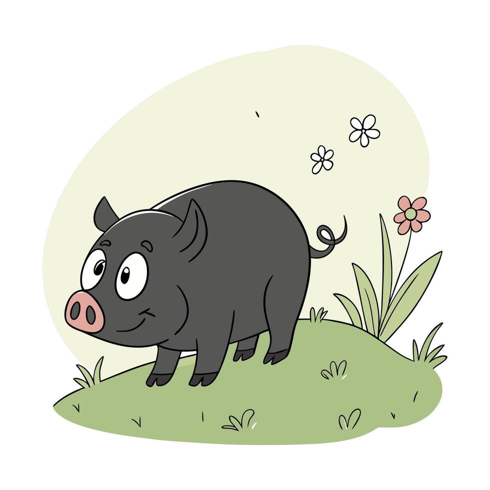 cartoon pig in a grassy field. vector