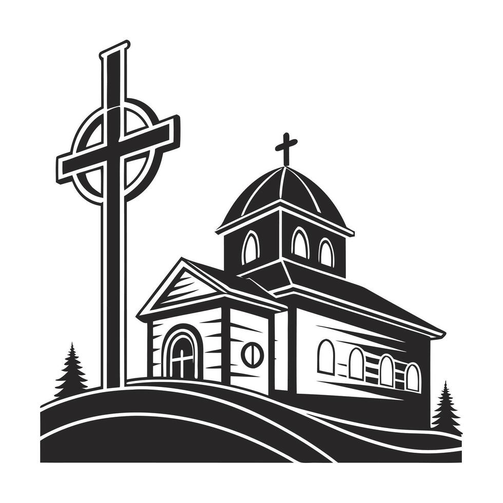 A classic, stylized, black and white illustration of a church. vector