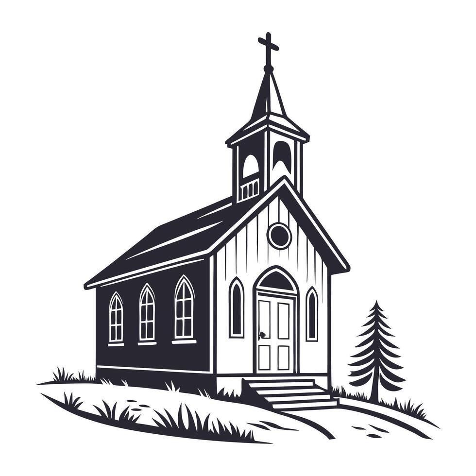 A stylized, black and white graphic depicts a small church nestled on a grassy hill, with a large cross positioned beside it. vector