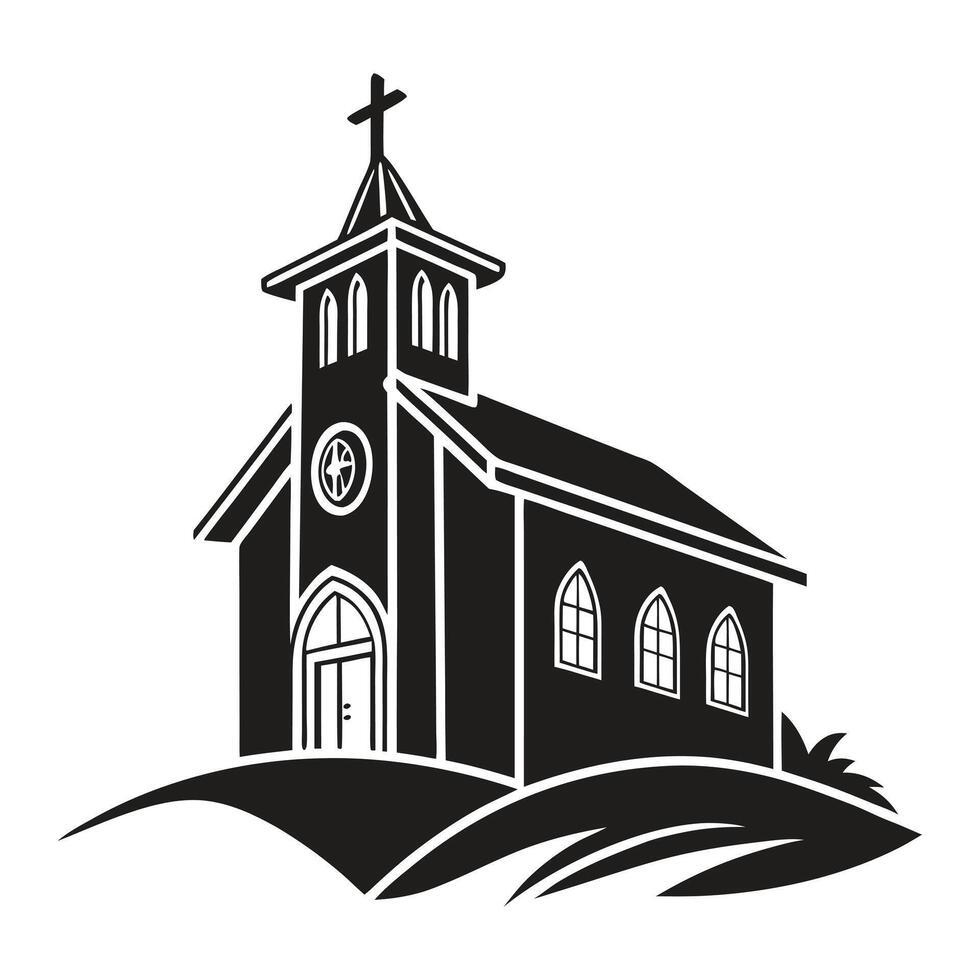 black and white illustration of a church on a hilltop. vector