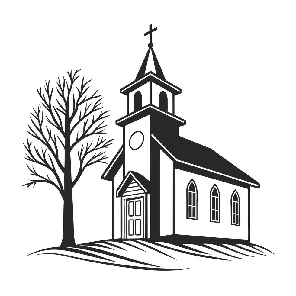 A stylized, black and white vetor graphic of a church perched atop a hill. vector