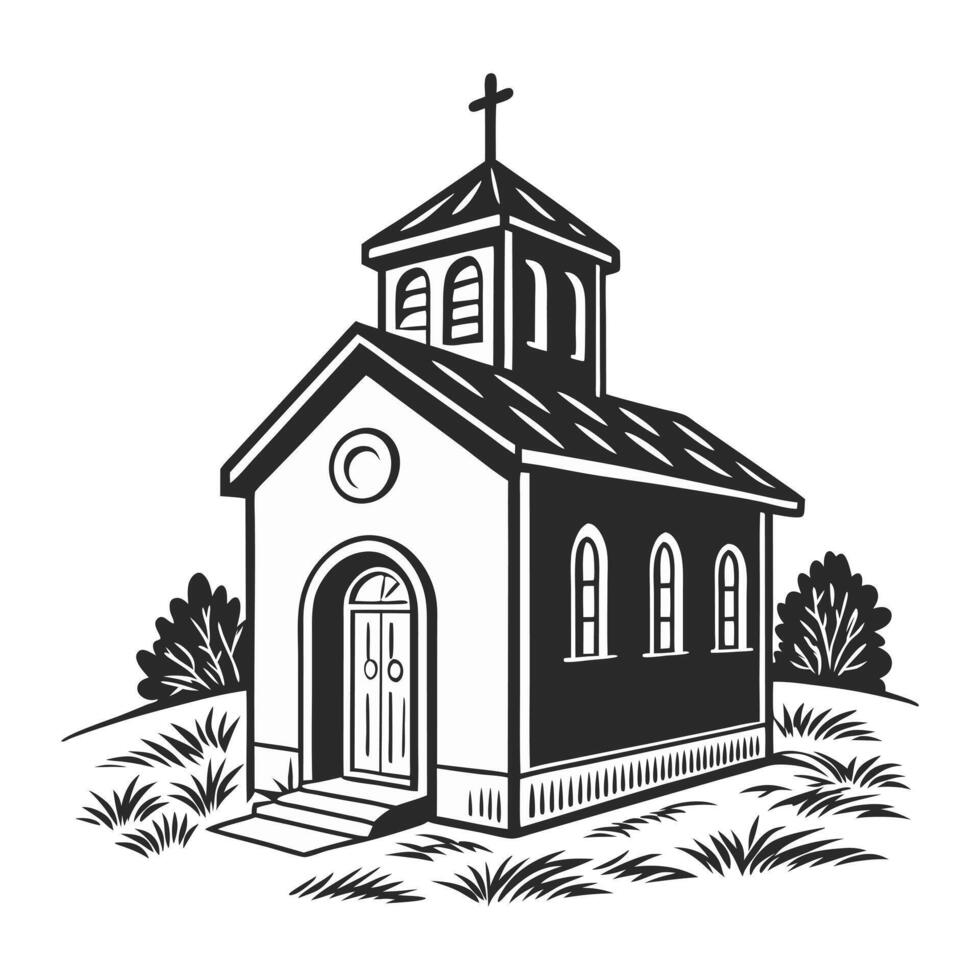black and white illustration of a small chapel or church. vector