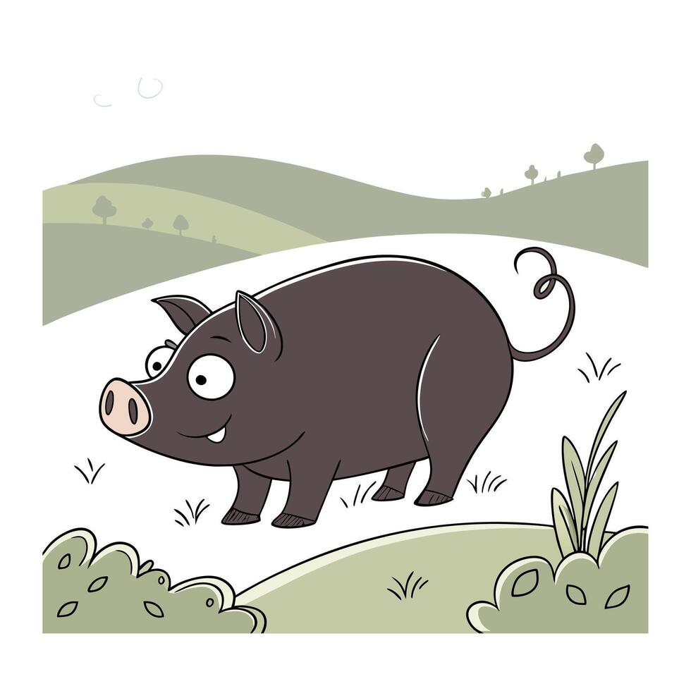 A cheerful, cartoon pig, depicted in black and white, stands on a grassy field. vector