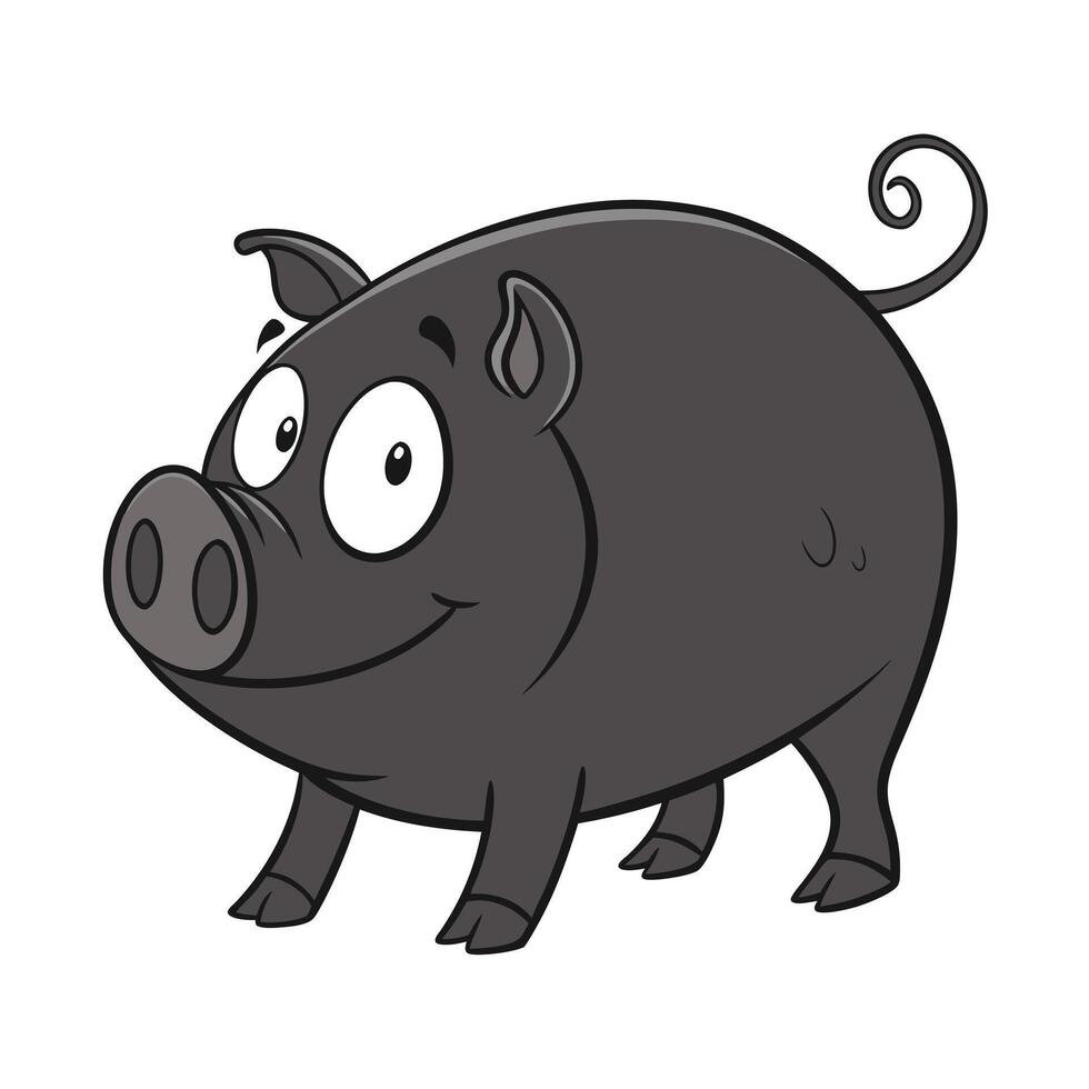 A cheerful cartoon pig, colored in shades of grey, is depicted searching for food in a grassy field. vector