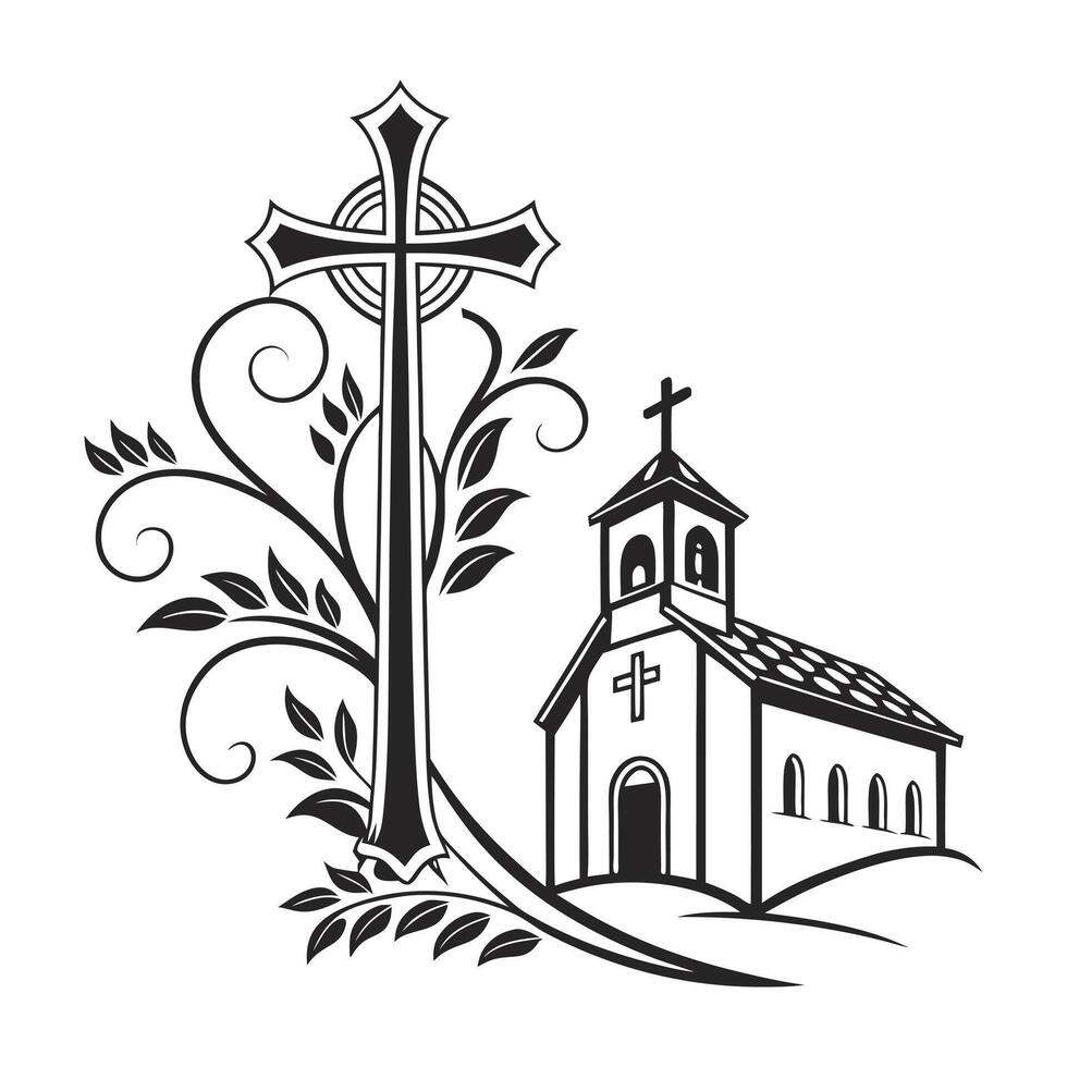 This elegant black and white illustration depicts a church and a Celtic cross, suggesting a peaceful and spiritual setting. vector