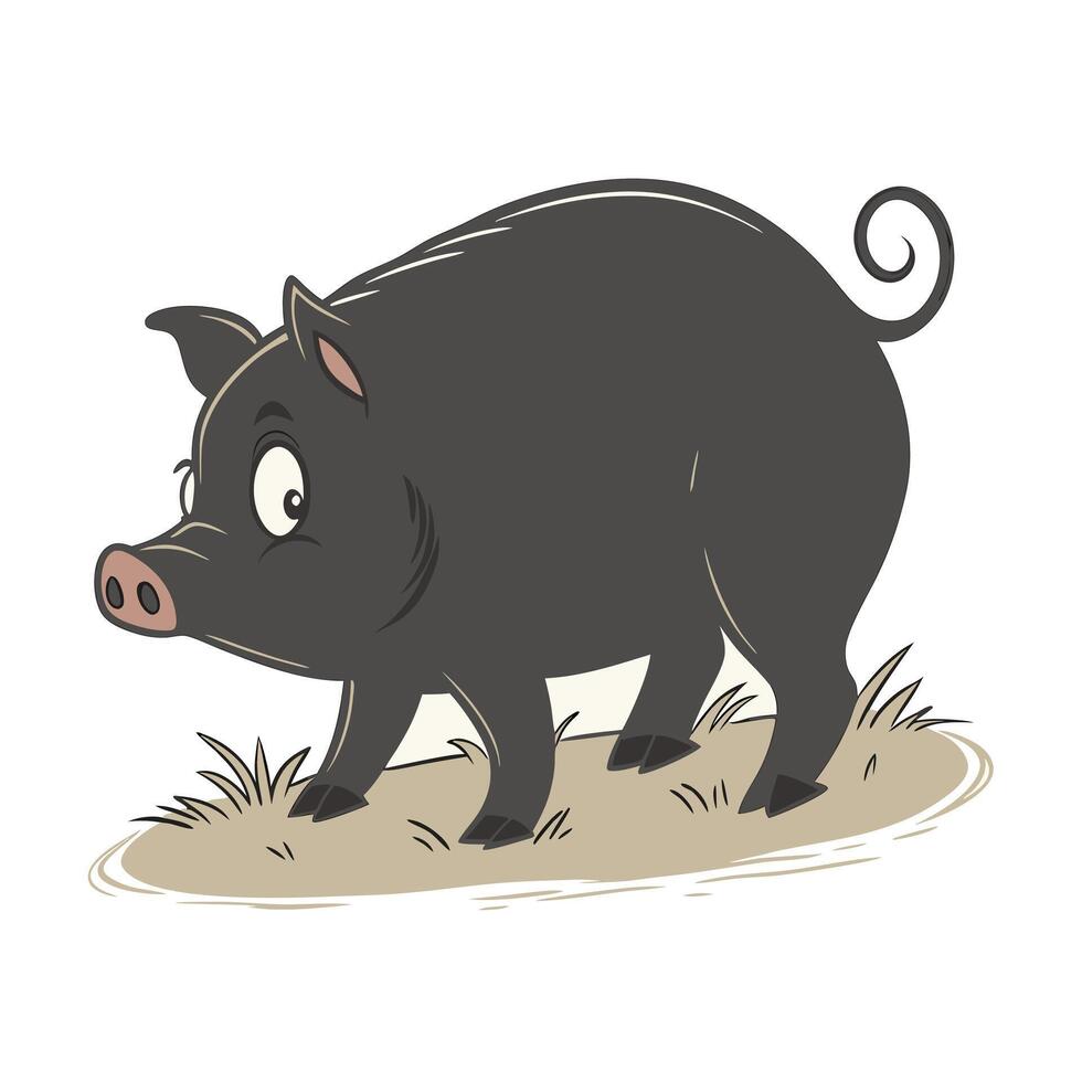 A cheerful cartoon pig is depicted strolling across a grassy hilltop. vector