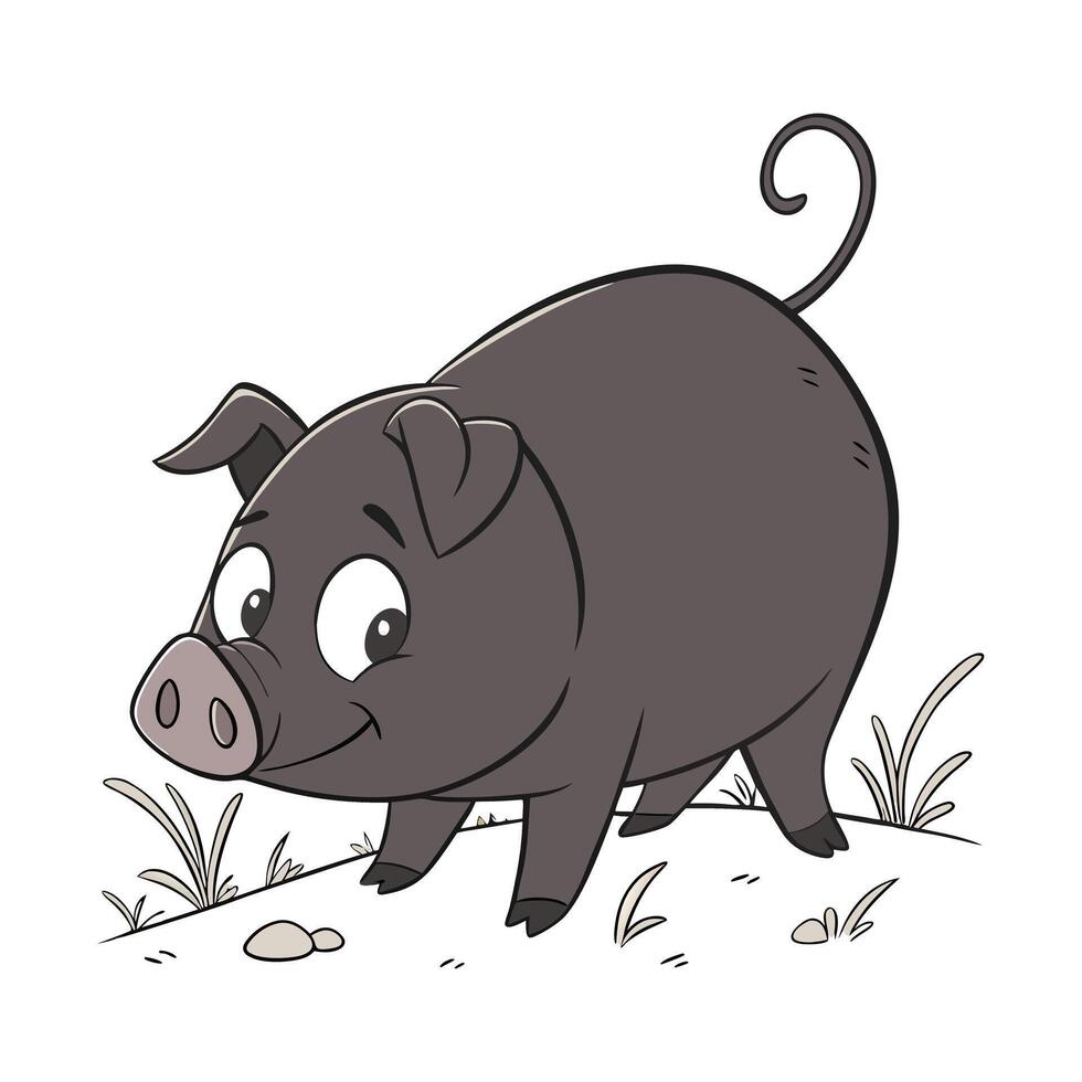 A cheerful cartoon pig, depicted in shades of gray, stands on a patch of dirt, with grass, in a simple, friendly style. vector