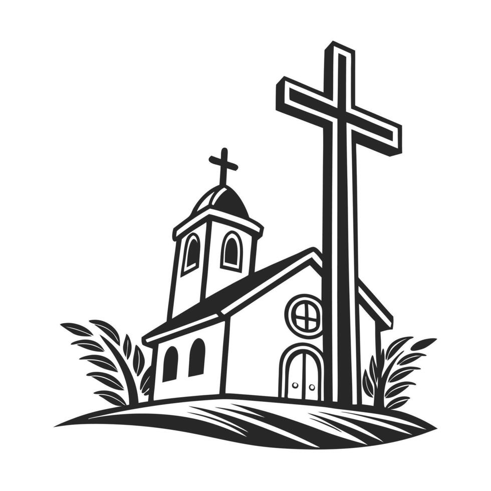 Simple black and white illustration of a church and Celtic cross vector