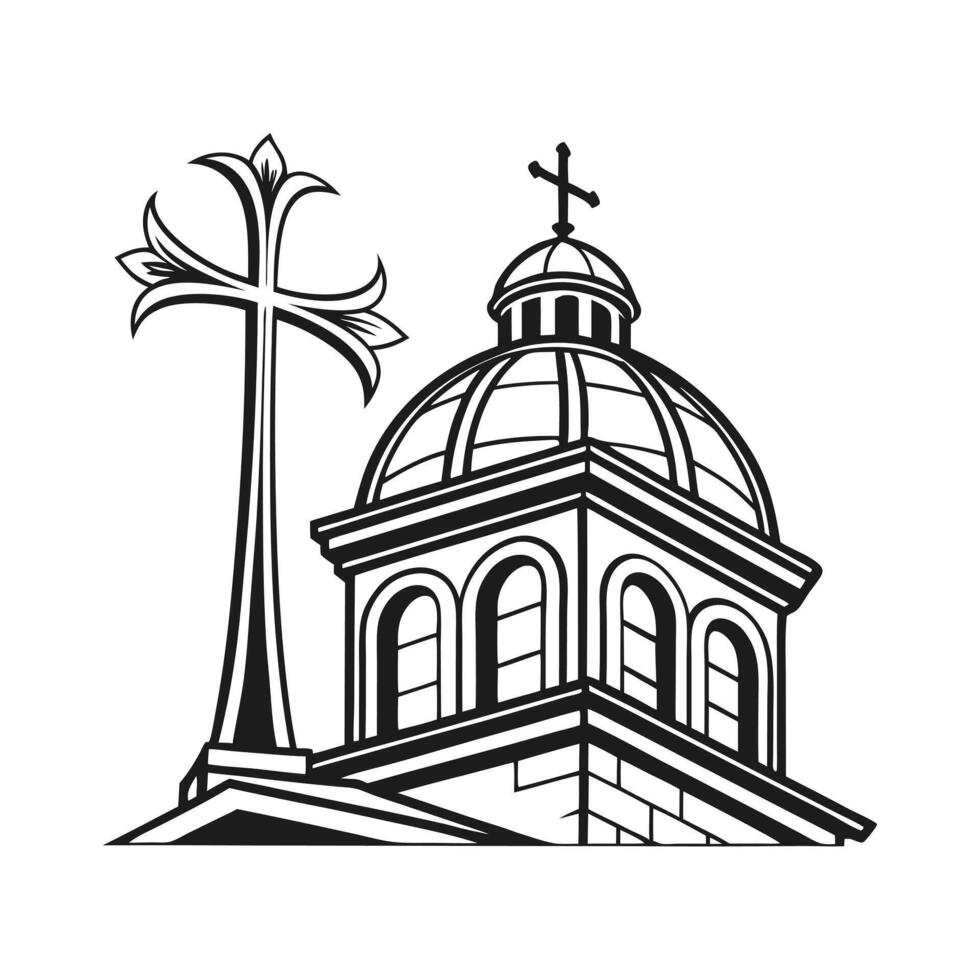 Simple black and white illustration of a church with a cross. vector