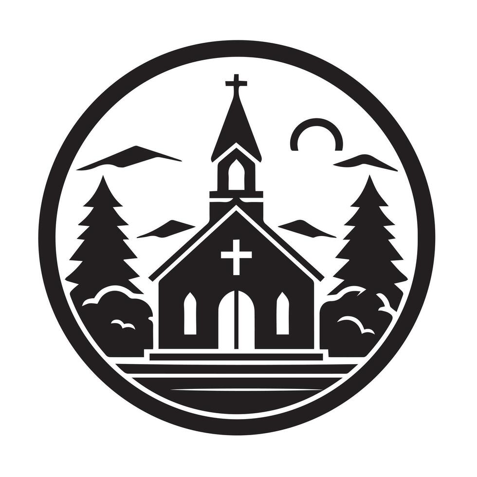 A classic, minimalist black and white graphic of a church building encircled by a laurel wreath. vector