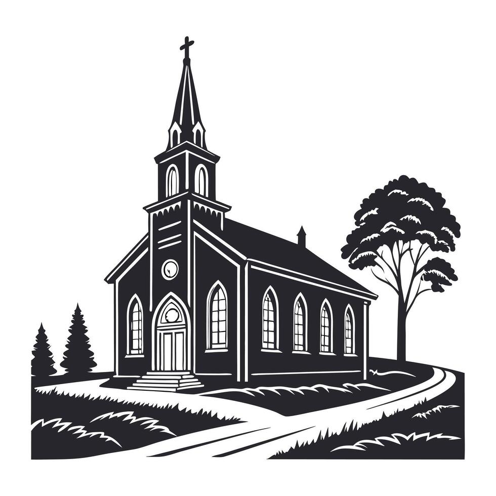 Simple black and white illustration of a quaint church. vector