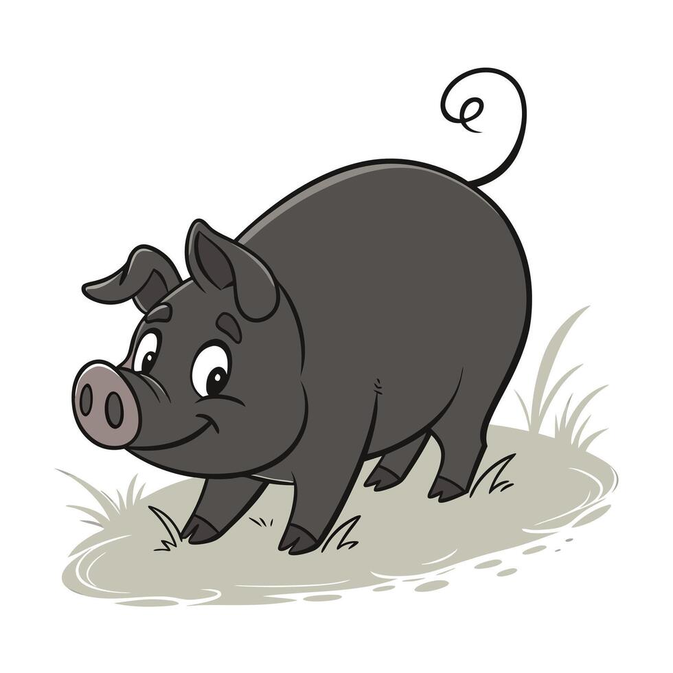A playful illustration of a dark gray cartoon pig, seemingly curious, standing on a patch of grass. vector
