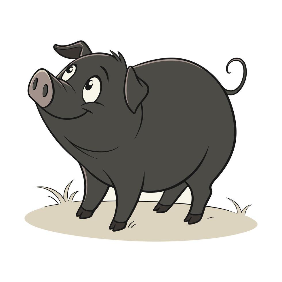 A friendly, cartoon pig with large eyes and a happy expression is depicted standing on a grassy field. vector