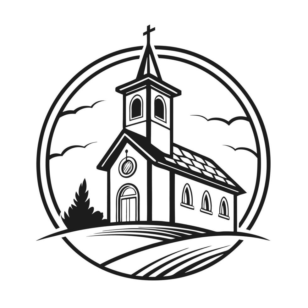 Simple Black and White Illustration of a Small Church on a Hill vector