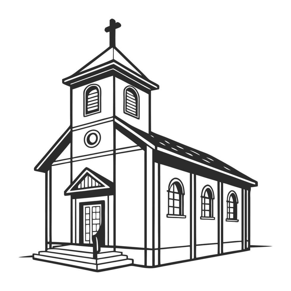 A bold, black silhouette of a classic church building, perfect for representing faith, spirituality, or religious themes. vector