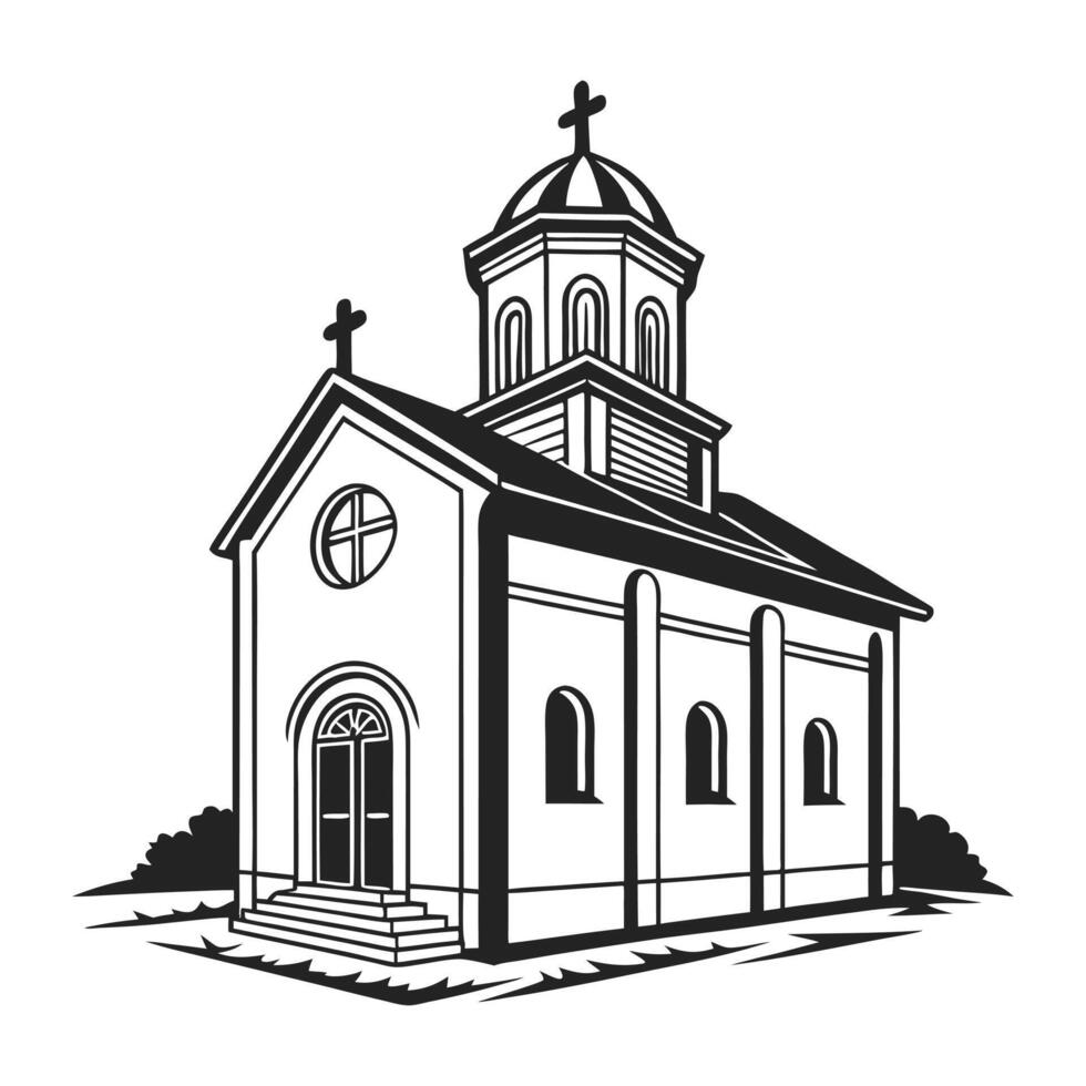 A classic, black and white graphic illustration depicts a quaint rural church nestled on a gently sloping landscape. vector