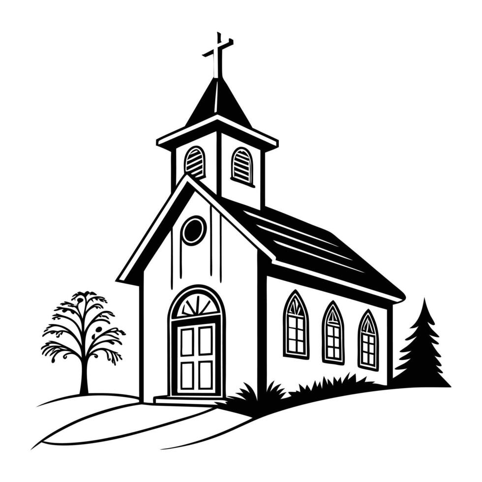 Simple Black and White Illustration of a Classic Church vector