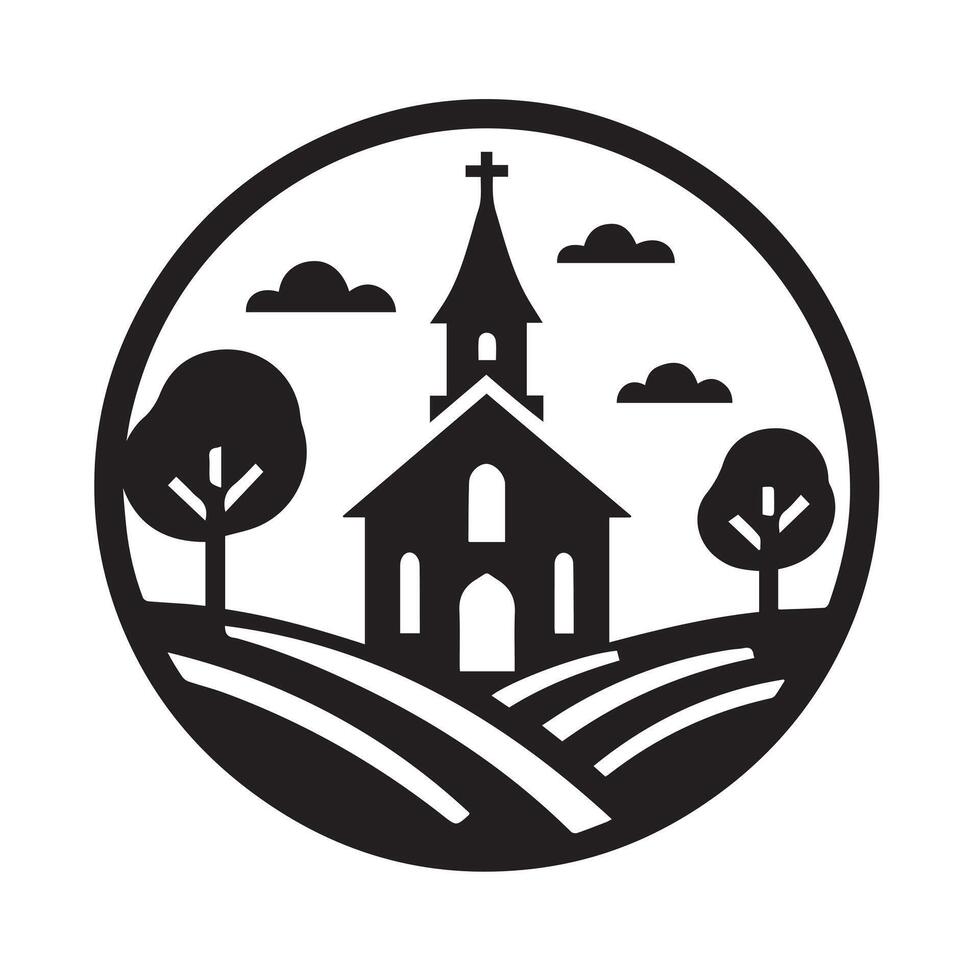 A bold, graphic logo of a church, set within a circular frame with radiating lines, evoking a vintage or retro aesthetic. vector